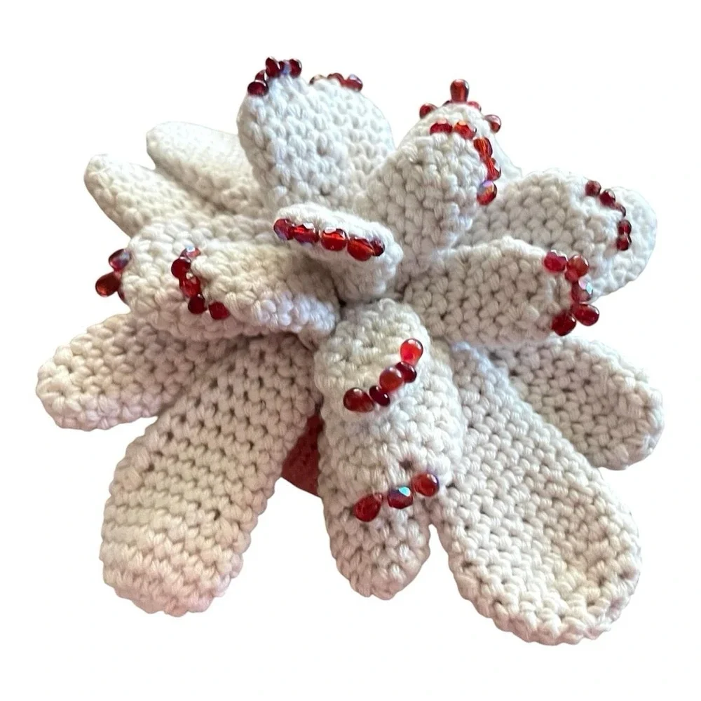 Handmade Succulent with Red Beads Crochet Blooming Cactus Cream Office Decor